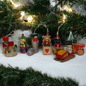 Vintage Russ Wooden Christmas Toy Ornaments Bundle of 7